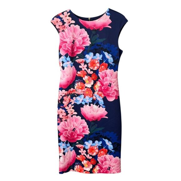 Vince Camuto Dresses & Skirts - Vince Camuto Floral Sheath Dress Navy Multicolor Exposed Zipper Size 10